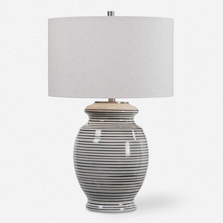 Uttermost Marisa Off-White and Navy Blue Striped Ceramic Table Lamp With White Linen Shade
