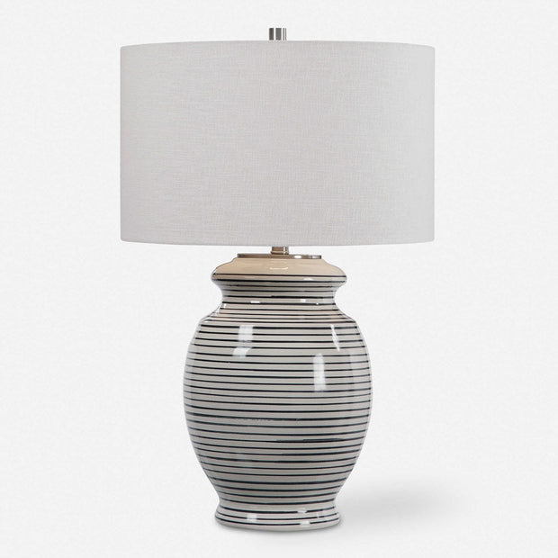 Uttermost Marisa Off-White and Navy Blue Striped Ceramic Table Lamp With White Linen Shade