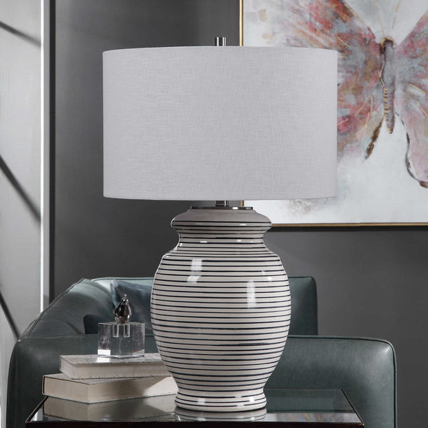 Uttermost Marisa Off-White and Navy Blue Striped Ceramic Table Lamp With White Linen Shade