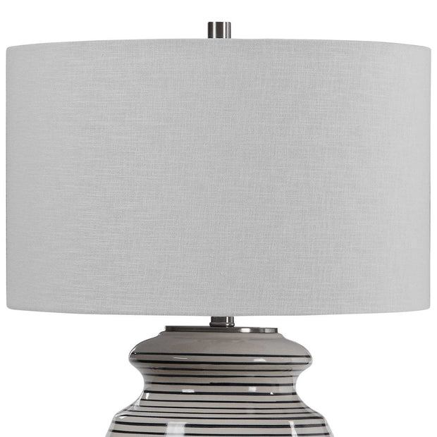 Uttermost Marisa Off-White and Navy Blue Striped Ceramic Table Lamp With White Linen Shade