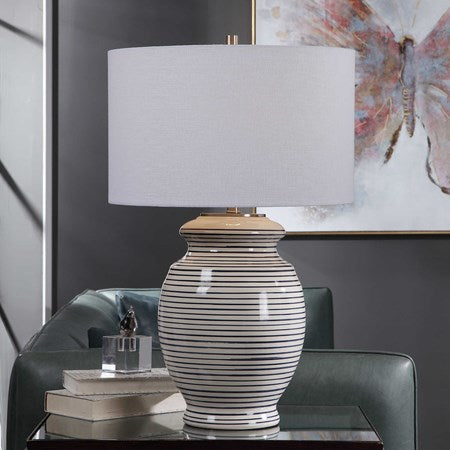 Uttermost Marisa Off-White and Navy Blue Striped Ceramic Table Lamp With White Linen Shade