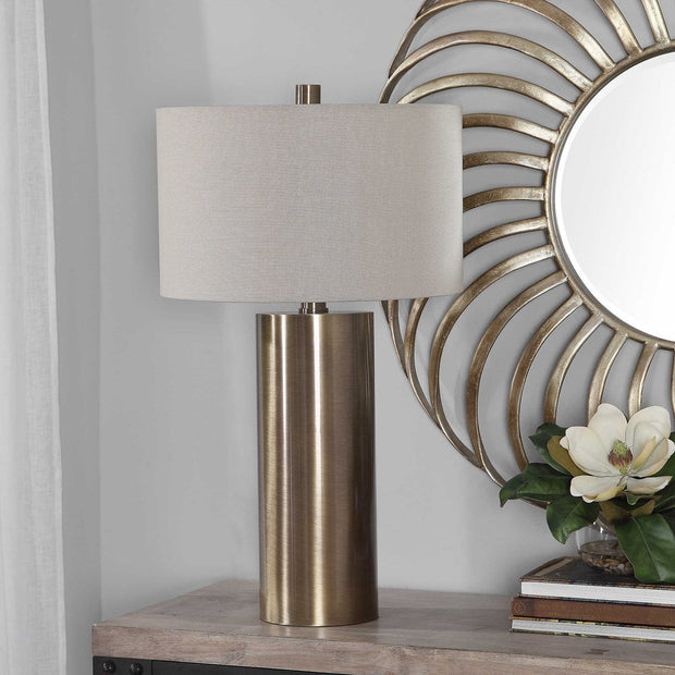 Uttermost Taria Antiqued Brushed Brass Table Lamp With Beige Linen Shade