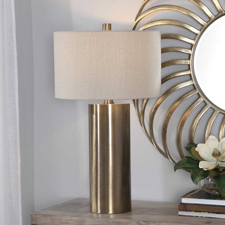 Uttermost Taria Antiqued Brushed Brass Table Lamp With Beige Linen Shade