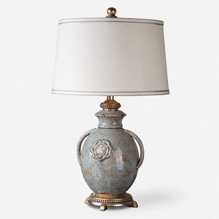 Uttermost Cancello Light Blue Glazed Ceramic Table Lamp With Off-White Linen Shade