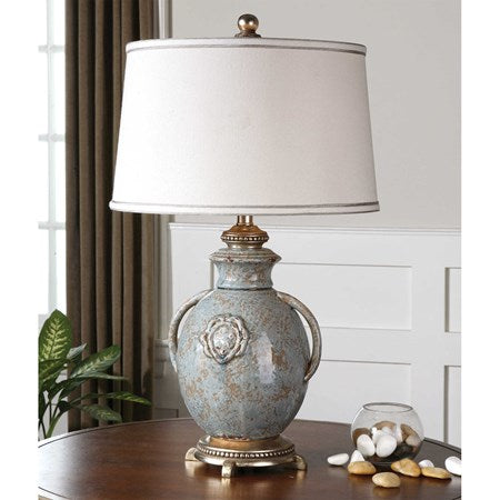Uttermost Cancello Light Blue Glazed Ceramic Table Lamp With Off-White Linen Shade