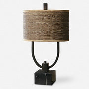Uttermost Stabina Rustic Bronze and Marble Table Lamp With Woven Rattan Shade