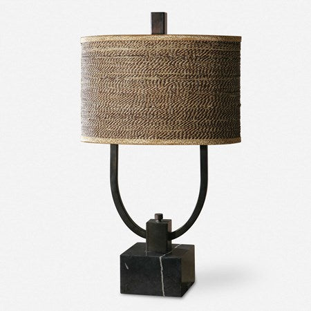 Uttermost Stabina Rustic Bronze and Marble Table Lamp With Woven Rattan Shade