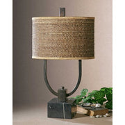 Uttermost Stabina Rustic Bronze and Marble Table Lamp With Woven Rattan Shade