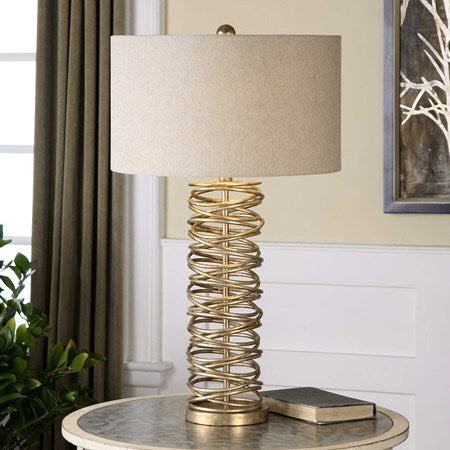 Uttermost Amarey Antiqued Silver Champagne Metal Table Lamp With Oatmeal Linen Drum Shade