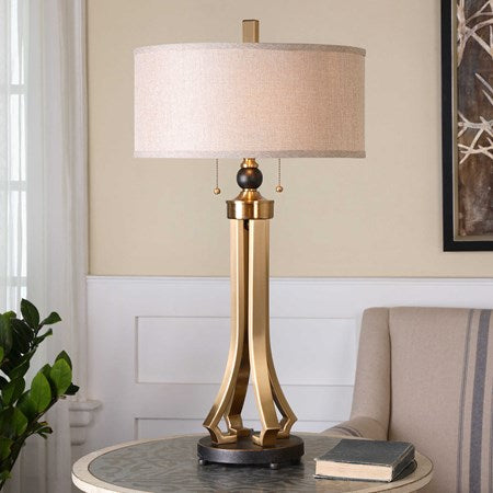 Uttermost Selvino Brushed Brass and Rubbed Bronze Table Lamp With Beige Linen Shade