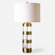 Uttermost Angora Brushed Brass Metal and Acrylic Table Lamp With Light Beige Linen Drum Shade