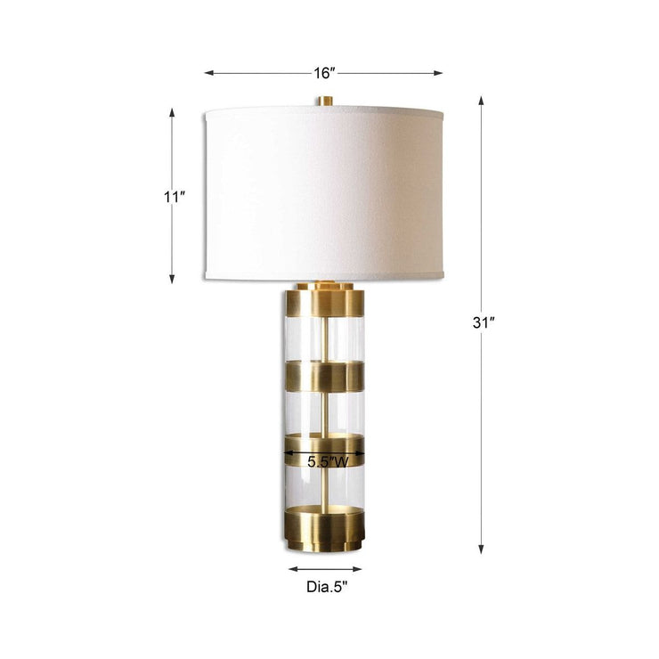 Uttermost Angora Brushed Brass Metal and Acrylic Table Lamp With Light Beige Linen Drum Shade