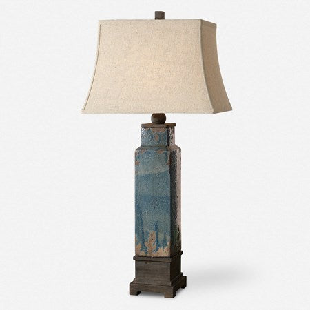 Uttermost Soprana Blue Glaze Ceramic Table Lamp With Khaki Linen Shade