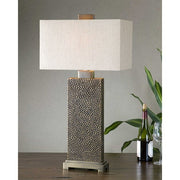 Uttermost Canfield Blackened Brown and Bronze Table Lamp With Beige Linen Shade