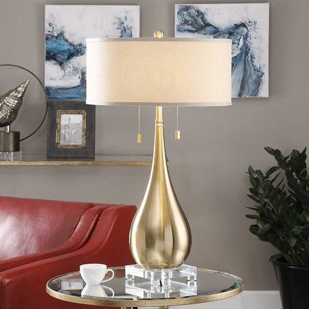 Uttermost Lagrima Brushed Brass Table Lamp With Beige Linen Shade
