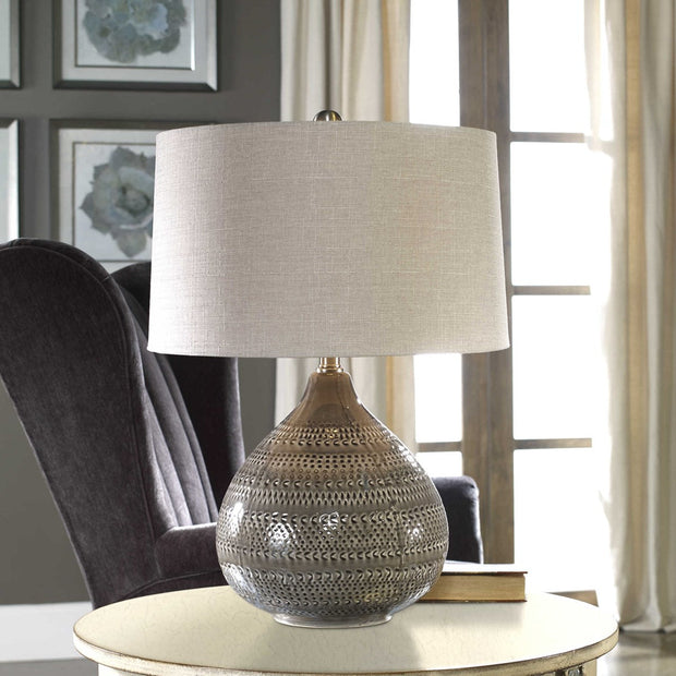 Uttermost Batova Warm Smokey Gray Glazed Ceramic Table Lamp With Beige Linen Shade