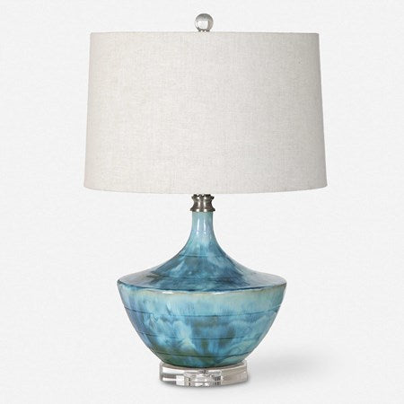 Uttermost Chasida Blue Tie Dyed Glazed Ceramic Table Lamp With Light Beige Linen Shade