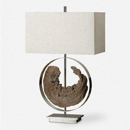 Uttermost Ambler Driftwood and Polished Nickel Metal Table Lamp With Oatmeal Linen Shade