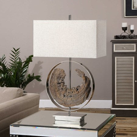 Uttermost Ambler Driftwood and Polished Nickel Metal Table Lamp With Oatmeal Linen Shade