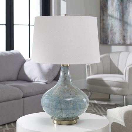 Uttermost Celinda  Light Blue Gray Glass Table Lamp With Ivory Linen Shade