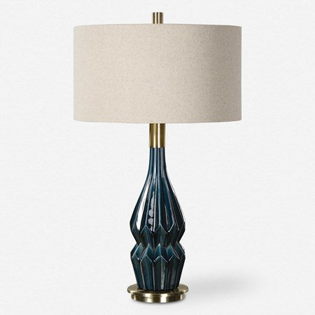 Uttermost Prussian Deep Blue Ceramic Table Lamp With Oatmeal Linen Shade