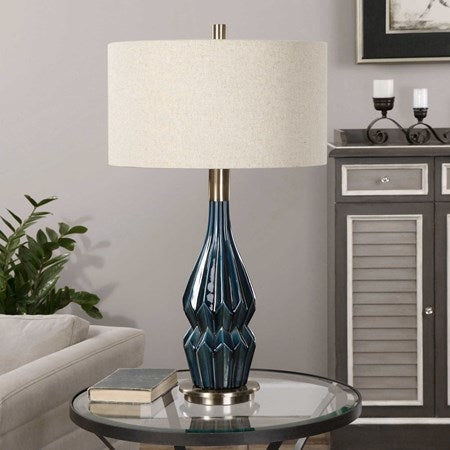 Uttermost Prussian Deep Blue Ceramic Table Lamp With Oatmeal Linen Shade