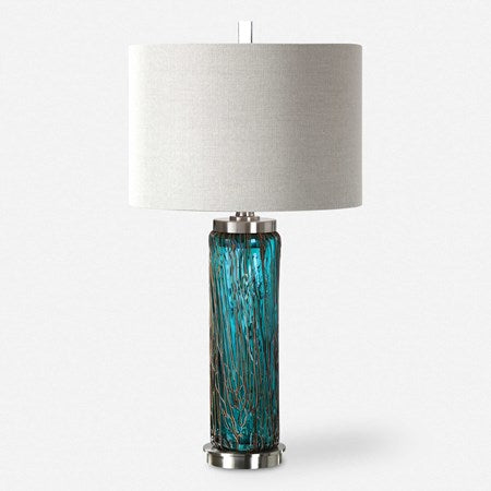 Uttermost Almanzora Blue Glass Table Lamp With Beige Linen Drum Shade