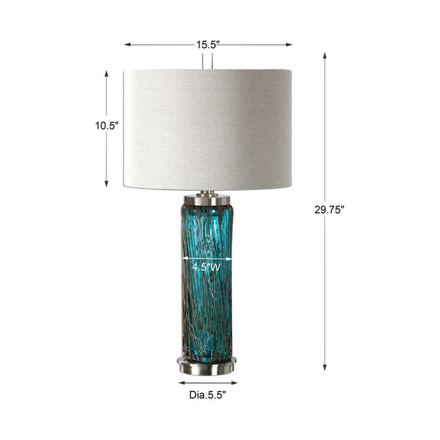 Uttermost Almanzora Blue Glass Table Lamp With Beige Linen Drum Shade