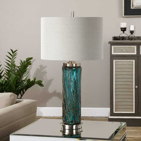 Uttermost Almanzora Blue Glass Table Lamp With Beige Linen Drum Shade