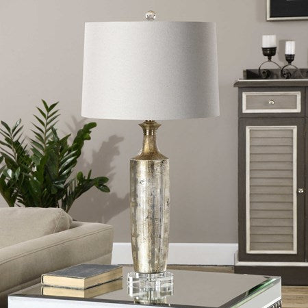 Uttermost Valdieri Metallic Bronze Textured Ceramic Table Lamp With Beige Linen Shade