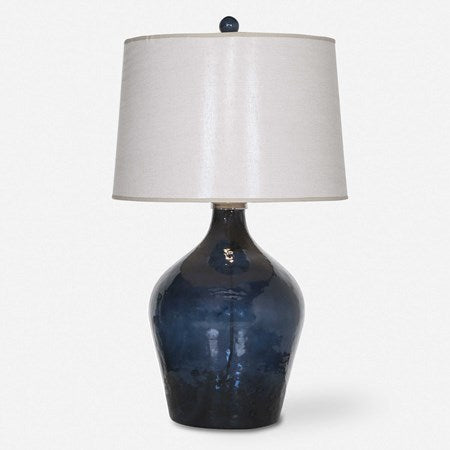 Uttermost Lamone Midnight Blue Glass Table Lamp With Beige Linen Shade