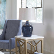 Uttermost Lamone Midnight Blue Glass Table Lamp With Beige Linen Shade