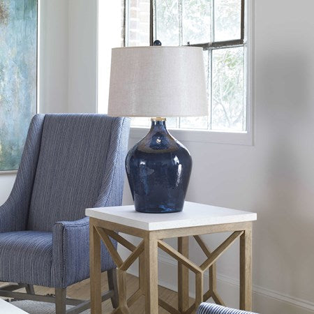 Uttermost Lamone Midnight Blue Glass Table Lamp With Beige Linen Shade