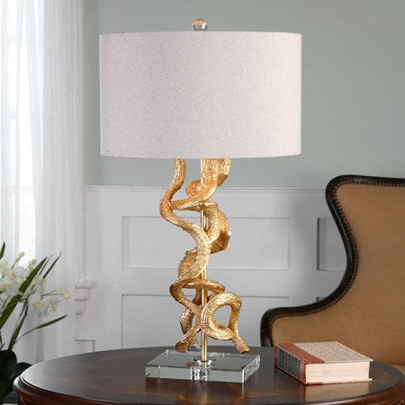 Uttermost Twisted Vines Gold Leaf and Crystal Table Lamp With Oatmeal Linen Shade