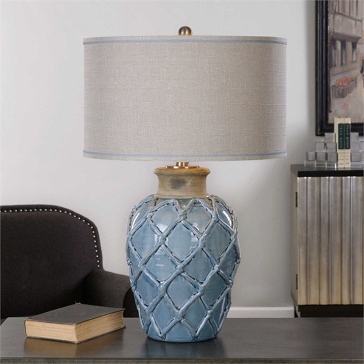 Uttermost Parterre Pale Blue Ceramic Table Lamp With Light Beige Linen Shade