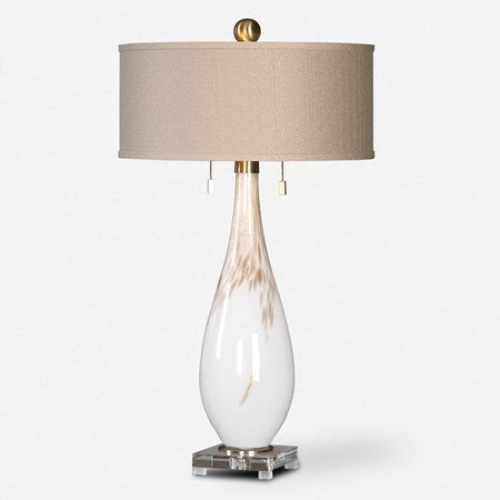 Uttermost Cardoni Gloss White and Golden Bronze Glass Table Lamp With Linen Shade