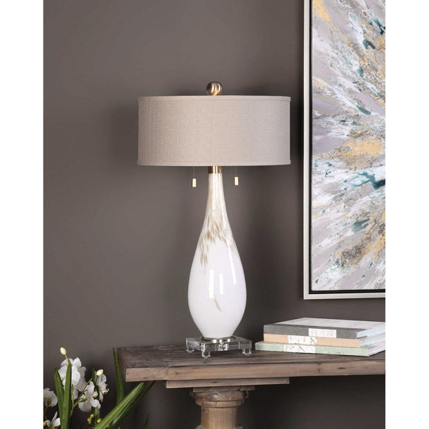 Uttermost Cardoni Gloss White and Golden Bronze Glass Table Lamp With Linen Shade