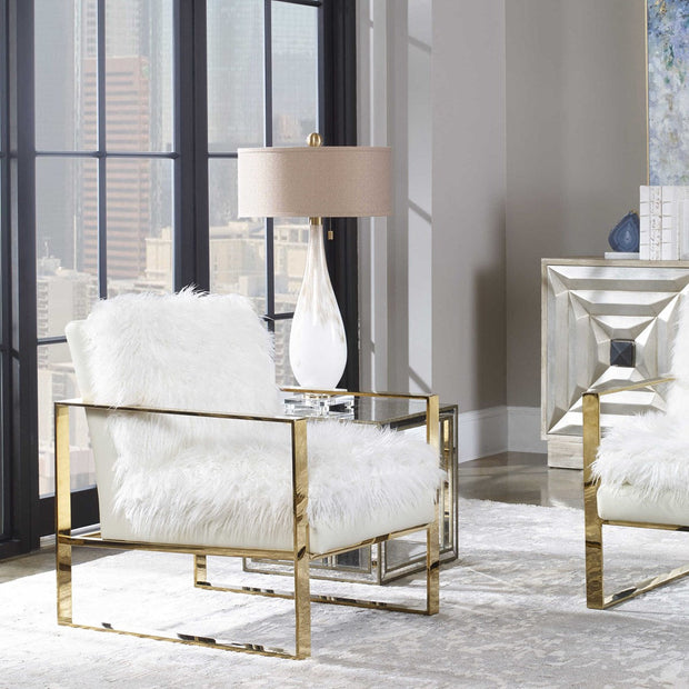 Uttermost Cardoni Gloss White and Golden Bronze Glass Table Lamp With Linen Shade