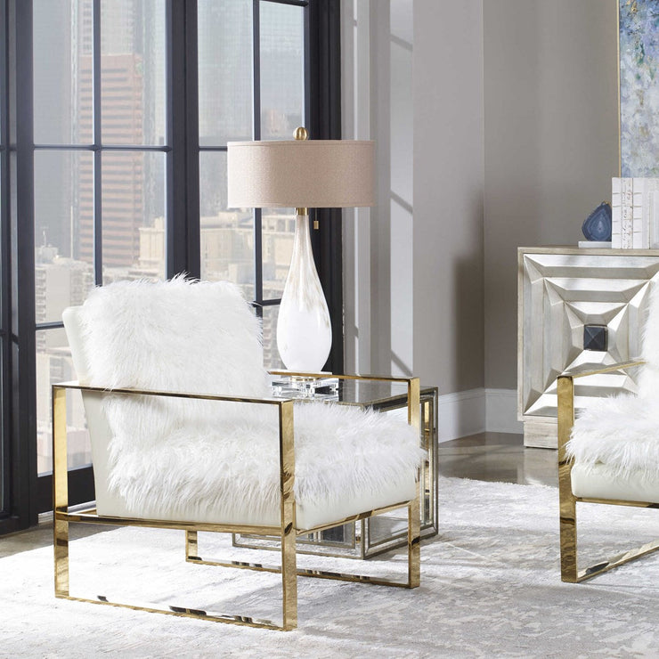 Uttermost Cardoni Gloss White and Golden Bronze Glass Table Lamp With Linen Shade