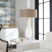 Uttermost Cardoni Gloss White and Golden Bronze Glass Table Lamp With Linen Shade