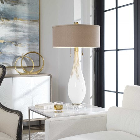 Uttermost Cardoni Gloss White and Golden Bronze Glass Table Lamp With Linen Shade