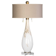 Uttermost Cardoni Gloss White and Golden Bronze Glass Table Lamp With Linen Shade