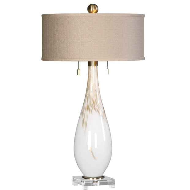 Uttermost Cardoni Gloss White and Golden Bronze Glass Table Lamp With Linen Shade