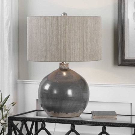 Uttermost Vardenis Charcoal Gray Ceramic Table Lamp With Woven Rattan Shade
