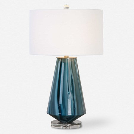 Uttermost Pescara Teal Gray Glass Table Lamp With Beige Linen Shade