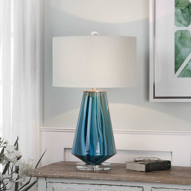 Uttermost Pescara Teal Gray Glass Table Lamp With Beige Linen Shade