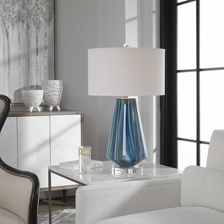 Uttermost Pescara Teal Gray Glass Table Lamp With Beige Linen Shade