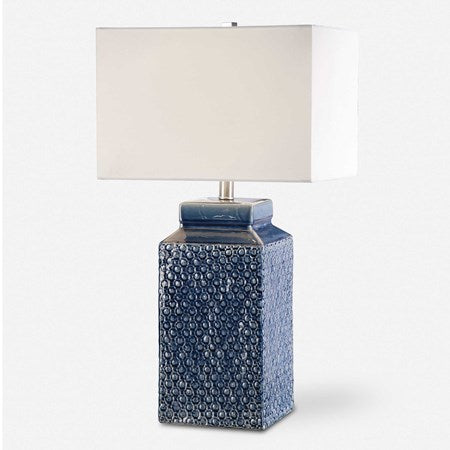 Uttermost Pero Sapphire Blue Glazed Ceramic Table Lamp With White Linen Shade