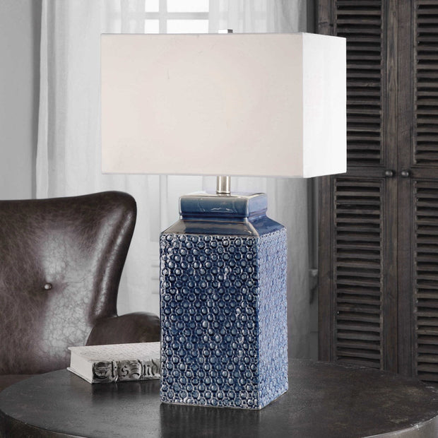 Uttermost Pero Sapphire Blue Glazed Ceramic Table Lamp With White Linen Shade