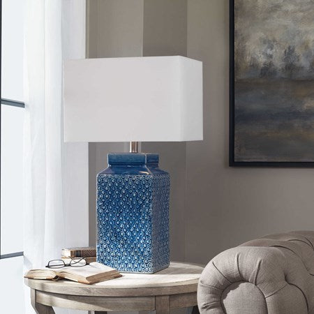 Uttermost Pero Sapphire Blue Glazed Ceramic Table Lamp With White Linen Shade